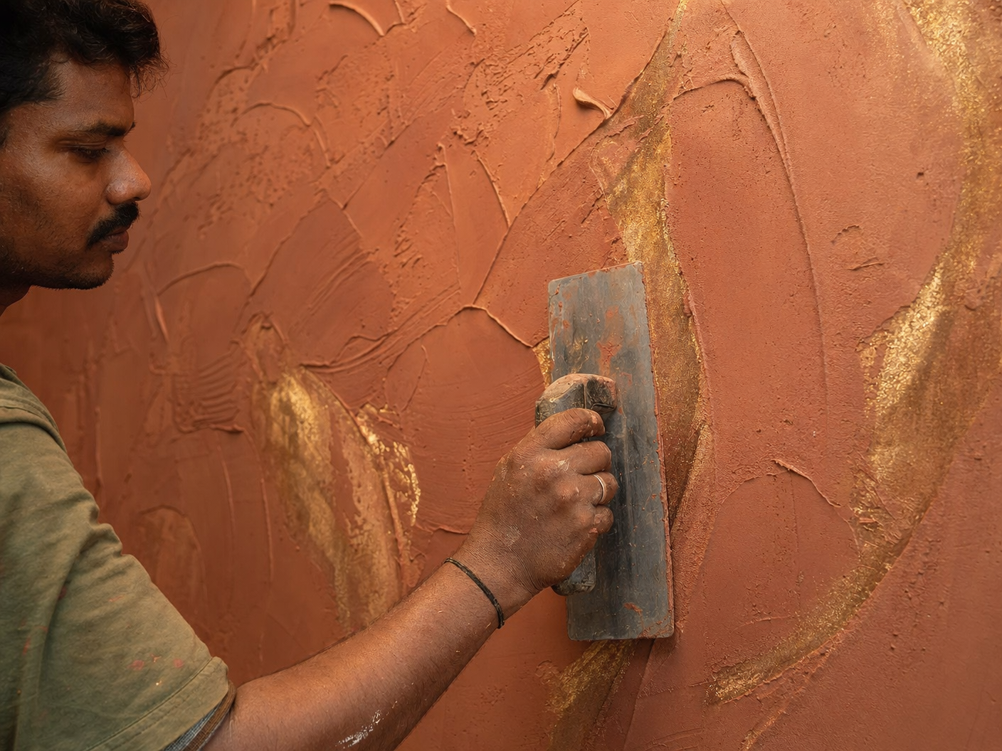 Artisan applying premium golden texture finish on wall using professional trowel